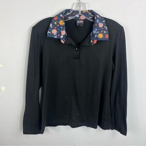 Retrolicious Size Large Space Planet Contrast Collar Long Sleeve Black Top J4
